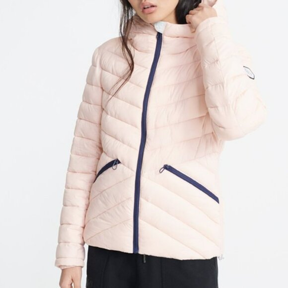 Superdry Essentials Helio Padded Hooded Jacket Sz M Pink Puffer Quilted Coat - Picture 1 of 16
